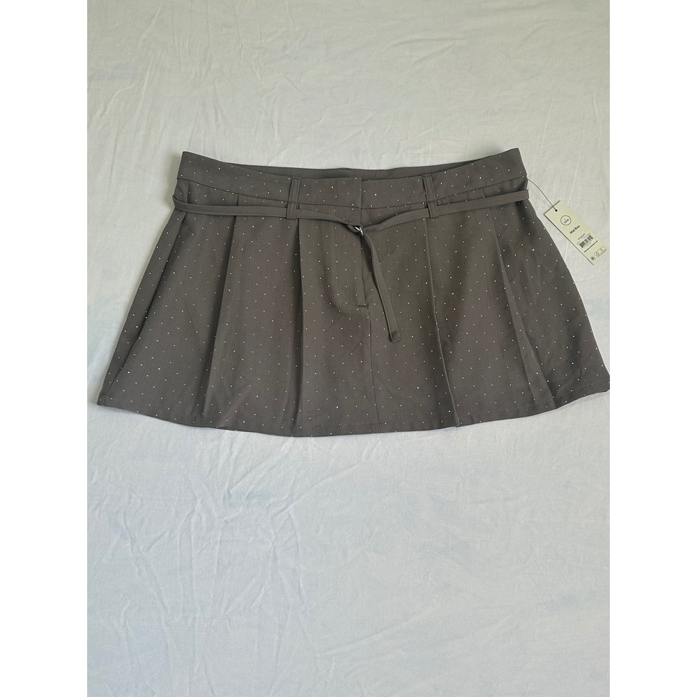 No Boundaries Womens Brown Rhinestone Studded Pleated Mini Skirt with Belt Large